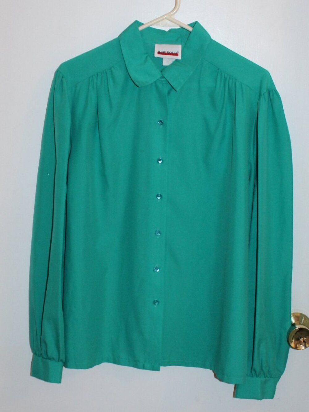 Retro teal long-sleeve button-up blouse, rounded collar